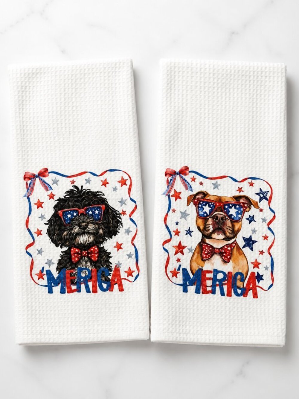Patriotic Dog Kitchen Towels 2pc Set White Waffle "'MERICA"